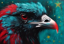 An Oil Painting On Canvas Of A Bird Looking Out At Stars