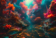 An Image Of A Beautiful, Colorful Landscape With A Small Stream Flowing Through It