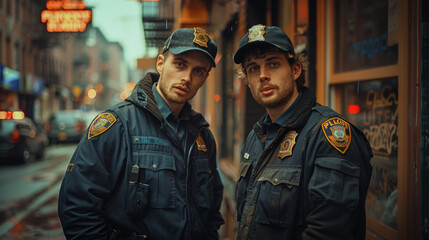 Wall Mural - Kind police officers smiling standing near police station, ready to help, order.