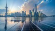 Shanghai Bund skyline landmark, solar panel plant with renewable energy and ecological aspects