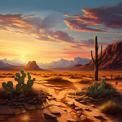 Poster - Desert landscape with a lone cactus at sunset. 