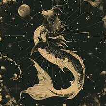 AI Generated Illustration Of A Celestial Siren Or Sea Goat Ascending Amidst Stars Towards The Moon