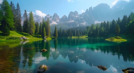 Canvas Print - AI generated illustration of clear, vibrant green waters shimmer in the serene mountainous region