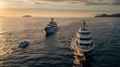 Two super yachts, one with crew and a tender working on deck at the back, are anchored in the Gulf of St.