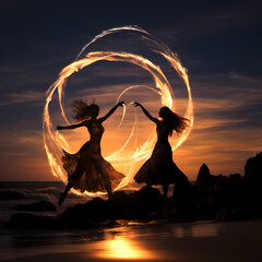 Sticker - Fire dancers on a moonlit beach.