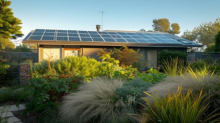 Wall Mural - a solar paneled house and garden in california with a stone path