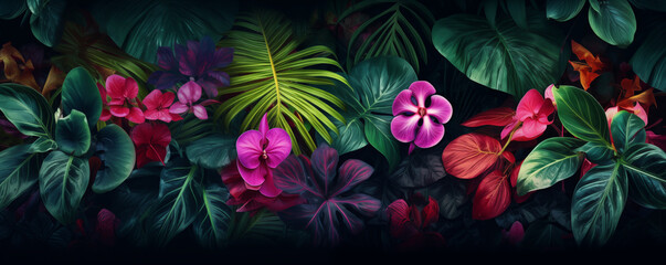 Wall Mural - Lush tropical vegetation, floral background, tropical flowers, panoramic view, generated ai