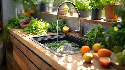 a kitchen sink with vegetables and other gardening tools in the background