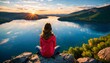 Girl standing on a sunset-lit hill, admiring serene lake, majestic mountains, and picturesque valley