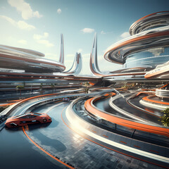 Canvas Print - Futuristic racetrack with hovering vehicles.