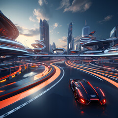 Poster - Futuristic racetrack with hovering vehicles.