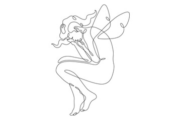 Poster - One continuous line.Young woman curled up. Girl sleeping curled up. Young woman with wings. Kids games.One continuous line drawn isolated, white background.