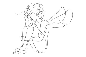 Poster - One continuous line.Young woman curled up. Girl sleeping curled up. Young woman with wings. Kids games.One continuous line drawn isolated, white background.
