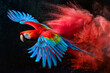A colorful parrot is flying through a cloud of red and orange powder. The bird's vibrant colors contrast with the red and orange powder, creating a sense of energy and excitement. The scene is dynamic