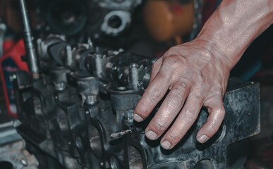 Auto mechanic repairing the engine of a car on the blurred background