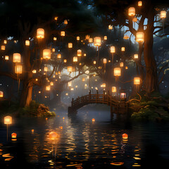 Poster - Mystical forest with floating lanterns.