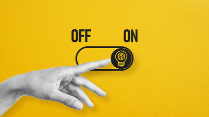 Poster - On and off toggle switch button with idea light bulb icon. Start thinking. Creative idea generation process switching into action. Brainstorming process