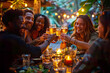 Group of multi ethnic friends having backyard dinner party together - Diverse young people sitting at bar table toasting beer glasses in brewery pub garden Happy hour