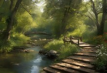 AI Generated Illustration Of A Painting Of A Wooden Bridge Crossing A Stream Amidst A Lush Forest