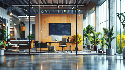 Poster - A large open office space with a white board on the wall and a computer desk. The room is filled with plants and has a modern, clean look