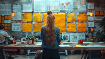 Poster - A woman with long hair is sitting at a desk in front of a wall of papers. She is looking at the wall, which is covered in various papers and diagrams