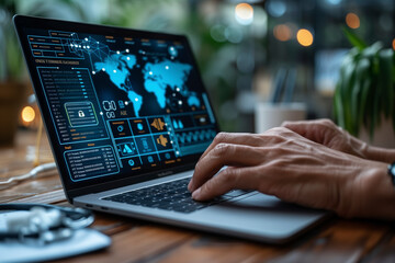 Poster - A person is typing on a laptop with a map of the world on the screen. The laptop is open to a page with a lot of information and the person is focused on typing. Scene is serious and focused