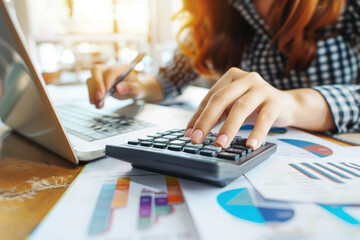 Aufkleber - A woman is using a calculator on a table with a laptop and some papers. She is focused on her work and she is in a serious mood