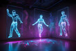 a rave club,  etherial hologram person  dancing, neon outline, laser, LED, mesmerizing, immersive, art installation,  lighting, transcendence.