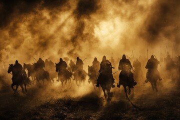 Naklejka na meble Abstract Medieval Battle Scene with Cavalry and Infantry on Dark Foggy Background. Separate Silhouettes of Warriors in Active Fight. Antique Armoring and Weapons Under Night Sky