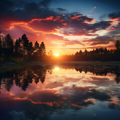 Sticker - Serene sunset over a tranquil lake.