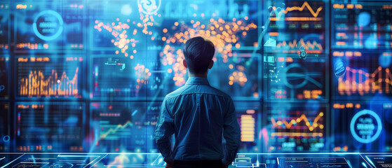 Poster - A man stands in front of a computer monitor displaying a map of the world with a lot of numbers and graphs