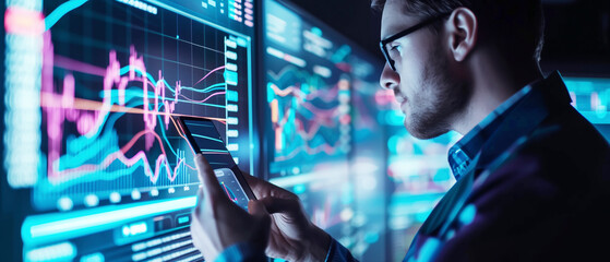 Poster - A man is looking at a screen with graphs and a cell phone in his hand. He is focused on the phone and seems to be checking something on it