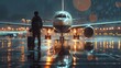Airport Traveller in Wet Weather with Backlight of Aircraft and Plane Reflections