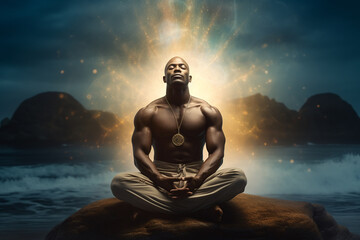 Wall Mural - young athletic black man meditates on sea shore, with aura of energy around him, natural sea background.