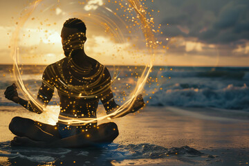 Wall Mural - young athletic black man meditates on sea shore, with aura of energy around him, natural sea background.