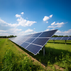 Poster - Solar panels in a field under a clear blue sky. 