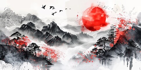 Poster - Japanese landscape with mountains and red sun in the sky, ink painting, black white and grey colors only