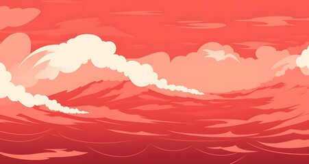 cartoon sea wave on red sky and clouds illustration
