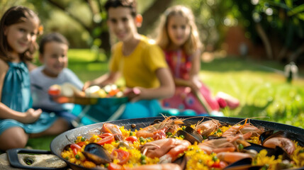 A joyful family gathers around a table in a lush garden to share a homemade paella, enjoying each other's company. Serving delicious paella outdoors. Traditional spanish food. Gastronomy.