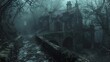 A dark and gloomy haunted house with a long and winding path leading up to it. The house is surrounded by tall, dead trees and the sky is dark and stormy.