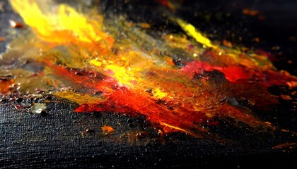 Wall Mural - Dynamic splashes of red, orange, and yellow oil paints on a black canvas, evoking the energy and chaos of fire, with the raised paint creating a palpable intensity