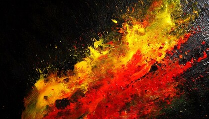 Wall Mural - Dynamic splashes of red, orange, and yellow oil paints on a black canvas, evoking the energy and chaos of fire, with the raised paint creating a palpable intensity