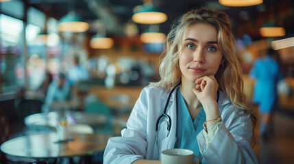 Wall Mural - Young woman doctor taking a break at the hospital canteen taking a hot coffee cup