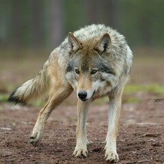 Sticker - AI generated illustration of a gray wolf strolls on a dirt path