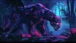 Capture an elusive metallic robotic Panther in a dense neon jungle using pixel art, show the contrast in textures and colors