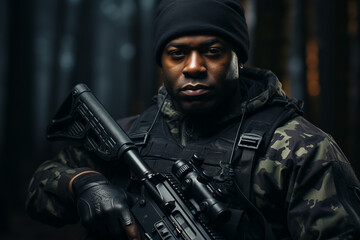 african american man, special forces soldier, armed man in black gear holding an assault rifle