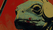 A frog with headphones on its head. The frog is wearing headphones and has a red background