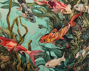 Wall Mural - there are several fish in the water near grass and plants