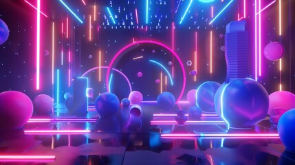 Poster - Neon lights and playful animals in a futuristic environment   AI generated illustration