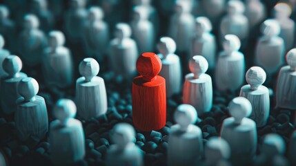 Poster - One red wooden man surrounded by white figures   AI generated illustration